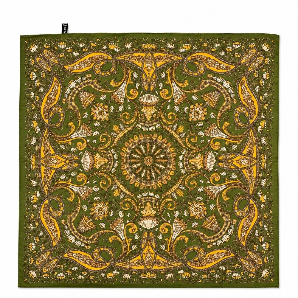 Vintage Ornate Medallion Floral Scarf Womens Green Gold Sophisticated‎ Classic